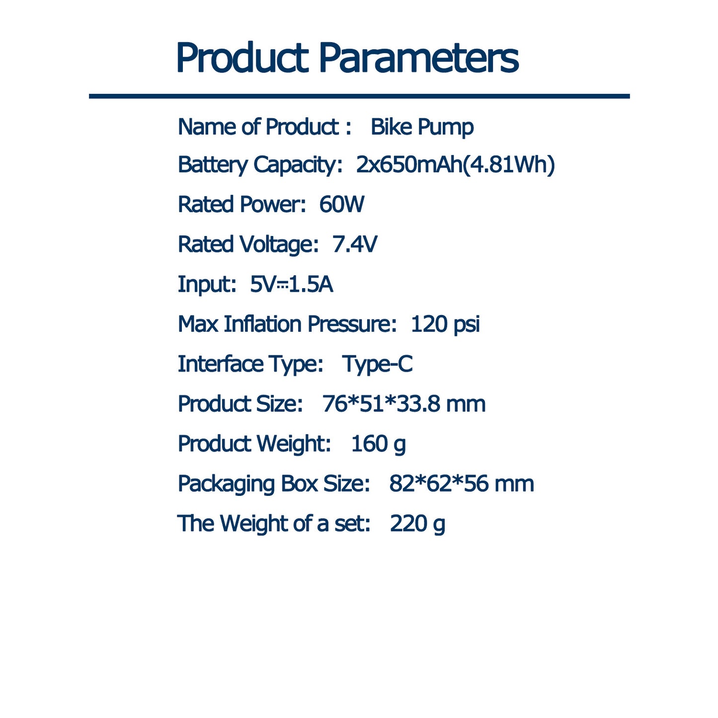 Portable bike pump: Product parameters