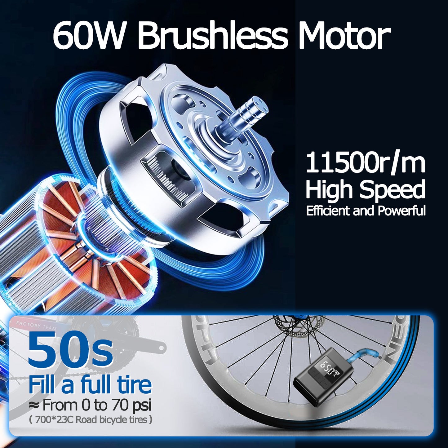 Portable Bike Pump with 60W Brshless Motor