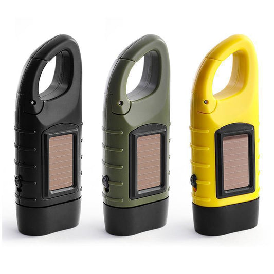 Hand crank solar powered flashlight in colors of black, army green, and bright yellow