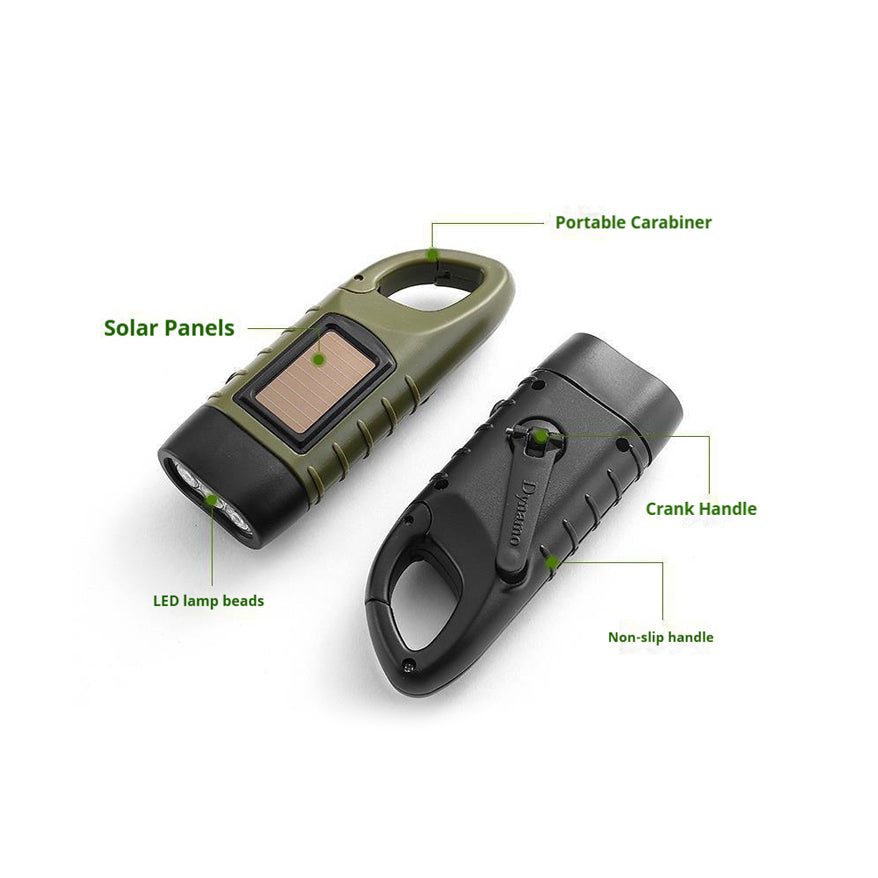 Key components of a hand crank solar powered flashlight, including the solar panel, LED bulb, hand crank, and carabiner