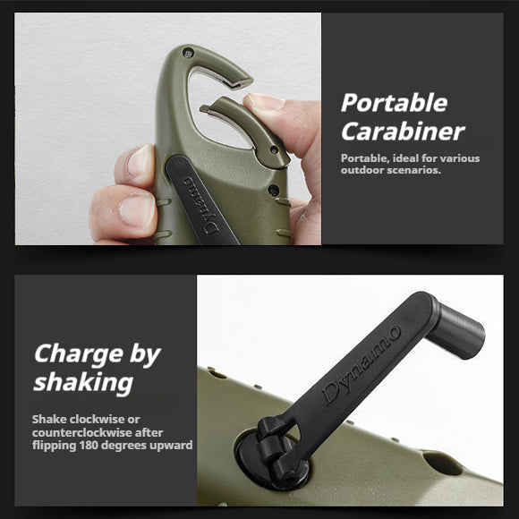 Close-up of the portable carabiner and hand crank on the solar-powered flashlight